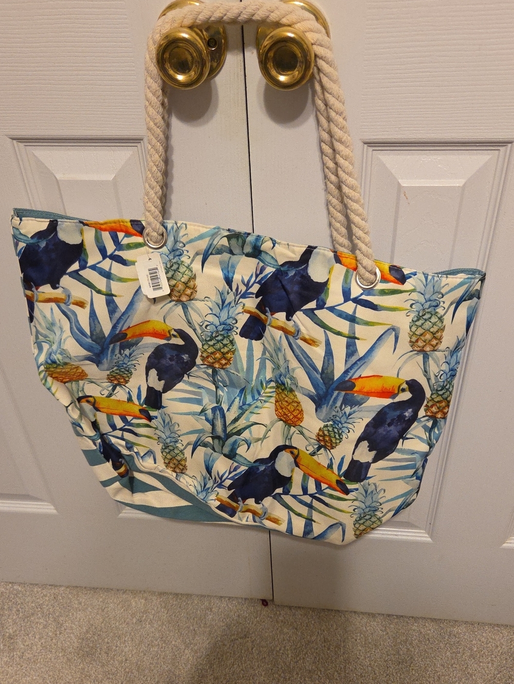 Tropical Canvas Tote Bag with Toucan Print in Cream and Blue